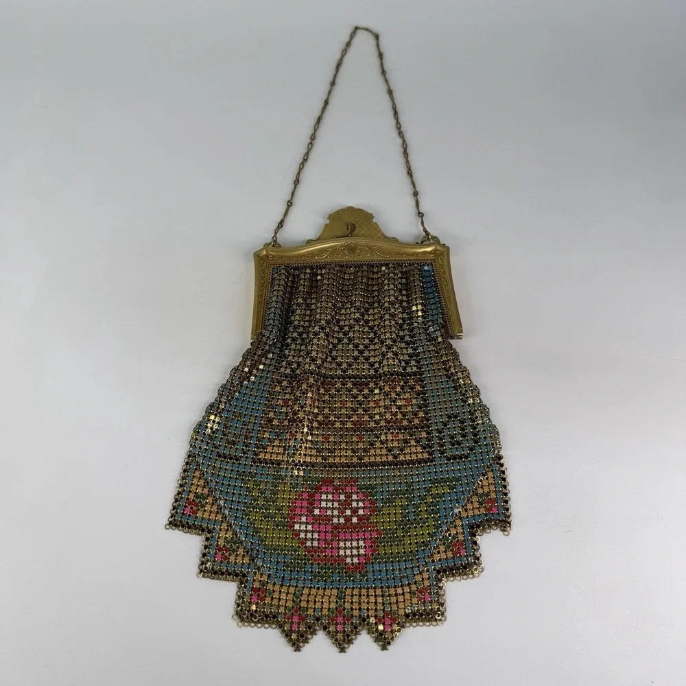 Antique 1920's Whiting & Davis Art Deco Metal Mesh Bag Purse USA Flapper Floral